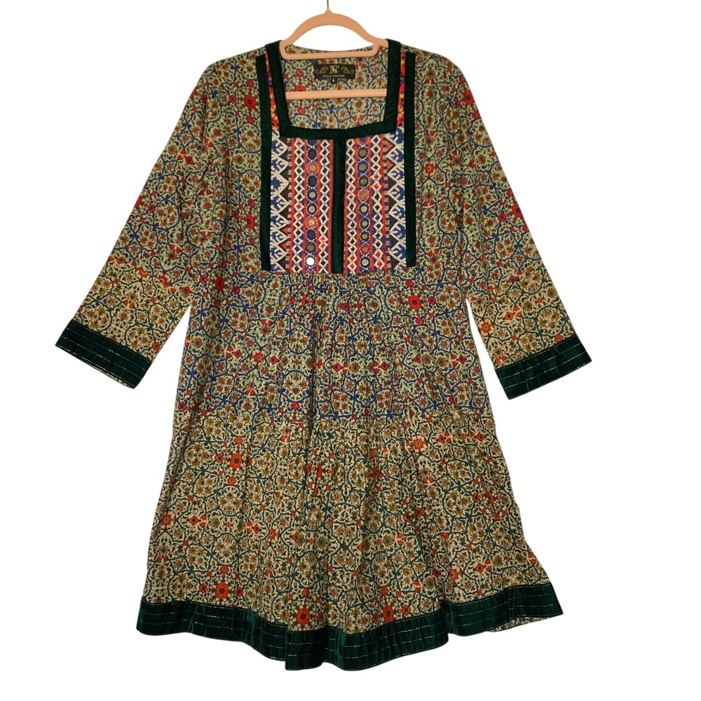 Nazila Couture Afghani Dress Green Velvet Trim Mirror Detail sz Large NWOT